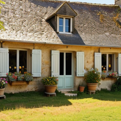 **A cozy country house in Normandy bathed in golden sunlight.** Focus on capturing the idyllic charm of rural France, perhaps with rolling hills, a stone house with flower-filled window boxes, and a sense of peaceful retirement. The style should evoke a warm, inviting, and slightly nostalgic feeling.