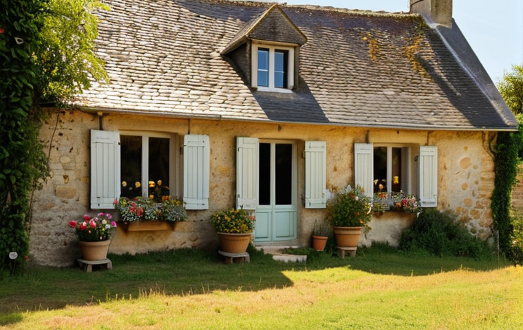 **A cozy country house in Normandy bathed in golden sunlight.** Focus on capturing the idyllic charm of rural France, perhaps with rolling hills, a stone house with flower-filled window boxes, and a sense of peaceful retirement. The style should evoke a warm, inviting, and slightly nostalgic feeling.
