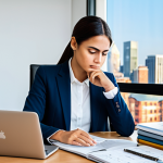 A determined finance professional, fully clothed in modest business attire, sits focused at a well-organized desk in a modern, brightly lit home study. Finance textbooks are neatly stacked next to a laptop displaying financial charts. The background shows a blurred bookshelf and a subtle city skyline through a window. Perfect anatomy, correct proportions, natural pose, well-formed hands, proper finger count, natural body proportions. Professional photography, high quality, safe for work, appropriate content, professional, family-friendly.
