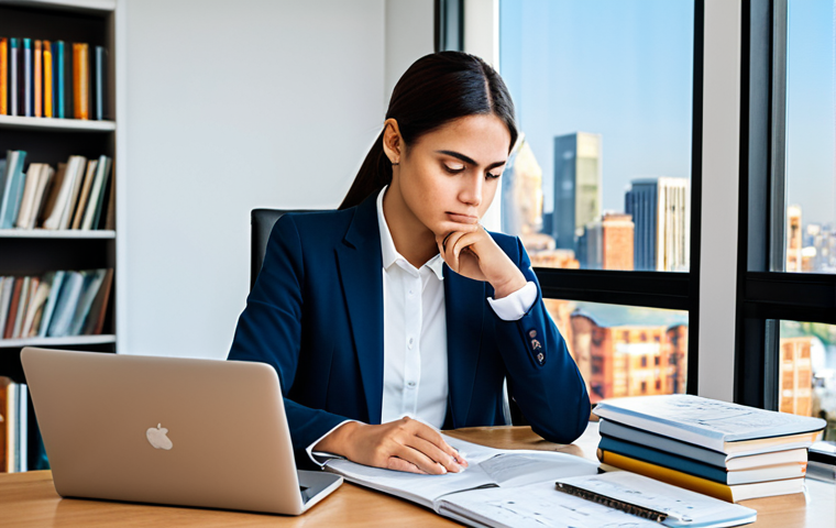 A determined finance professional, fully clothed in modest business attire, sits focused at a well-organized desk in a modern, brightly lit home study. Finance textbooks are neatly stacked next to a laptop displaying financial charts. The background shows a blurred bookshelf and a subtle city skyline through a window. Perfect anatomy, correct proportions, natural pose, well-formed hands, proper finger count, natural body proportions. Professional photography, high quality, safe for work, appropriate content, professional, family-friendly.