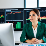 A professional female financial analyst, fully clothed in a modest, modern business suit, is seated at a sleek desk in a bright, contemporary office. She is focused on large digital screens displaying complex financial charts and ESG data, with subtle green accents suggesting sustainable investments. The background features blurred city views and a few elegant indoor plants, emphasizing a connection between finance and the environment. Her posture is natural and professional, conveying expertise and confidence in her work. perfect anatomy, correct proportions, well-formed hands, proper finger count, natural body proportions, safe for work, appropriate content, fully clothed, professional.