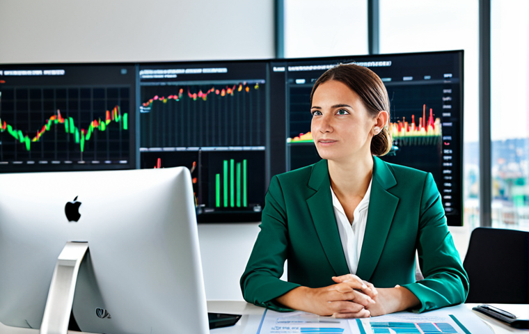 A professional female financial analyst, fully clothed in a modest, modern business suit, is seated at a sleek desk in a bright, contemporary office. She is focused on large digital screens displaying complex financial charts and ESG data, with subtle green accents suggesting sustainable investments. The background features blurred city views and a few elegant indoor plants, emphasizing a connection between finance and the environment. Her posture is natural and professional, conveying expertise and confidence in her work. perfect anatomy, correct proportions, well-formed hands, proper finger count, natural body proportions, safe for work, appropriate content, fully clothed, professional.
