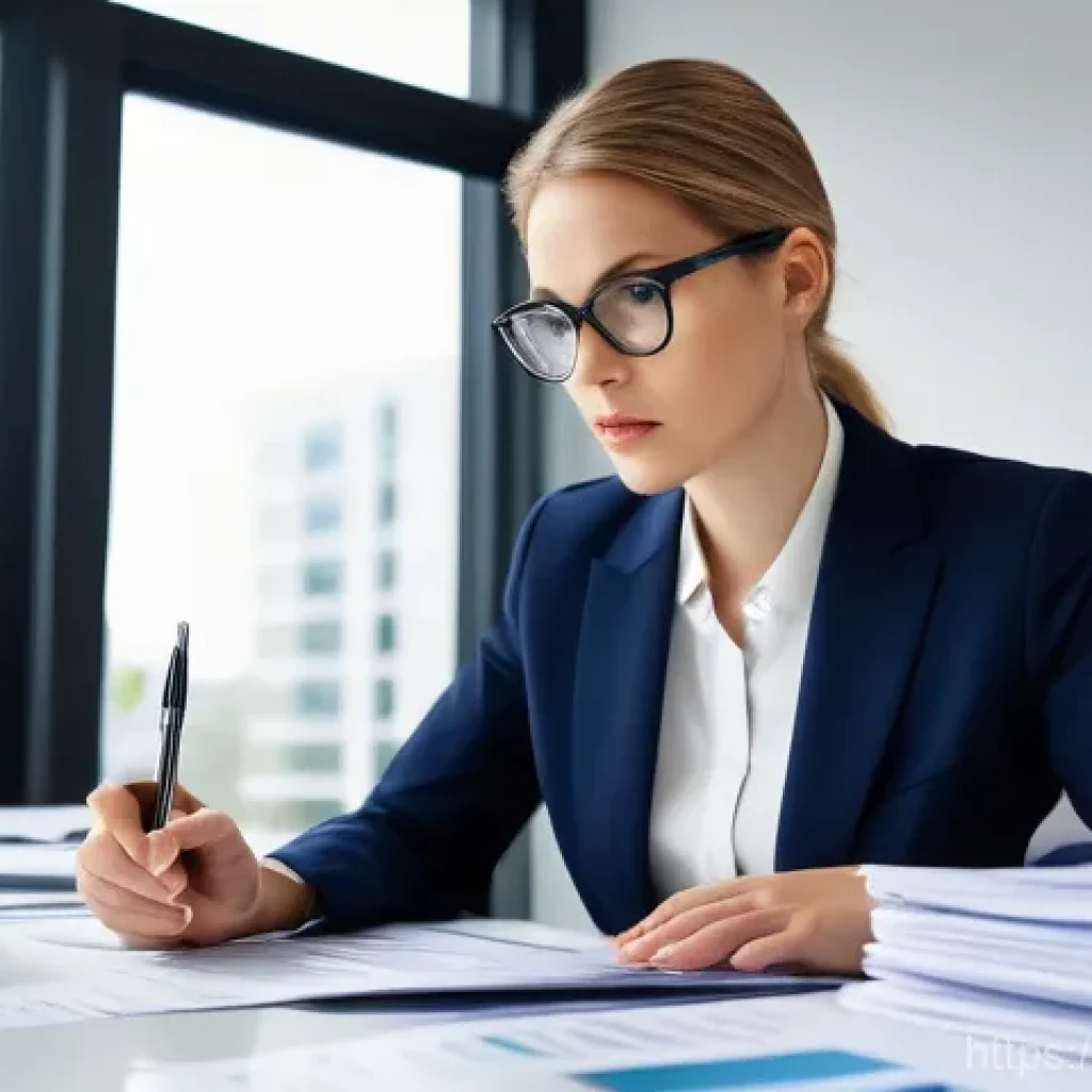 금융투자분석사와 금융 데이터 해석 - A focused female financial analyst, in professional yet comfortable business attire, is seated at a ...