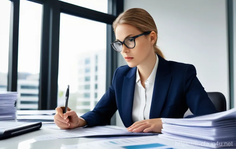 금융투자분석사와 금융 데이터 해석 - A focused female financial analyst, in professional yet comfortable business attire, is seated at a ...