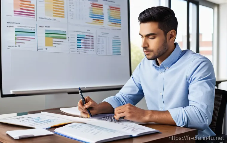 CFA 실기 시험 준비 전략 - **Prompt 1: Deep Dive into Financial Analysis**
"A bright, well-organized study room with a focu...