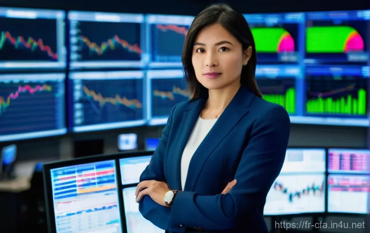 CFA 자격증으로 갈 수 있는 직무 - **Prompt:** A highly focused female portfolio manager, in her late 30s, dressed in a sharp, tailored...