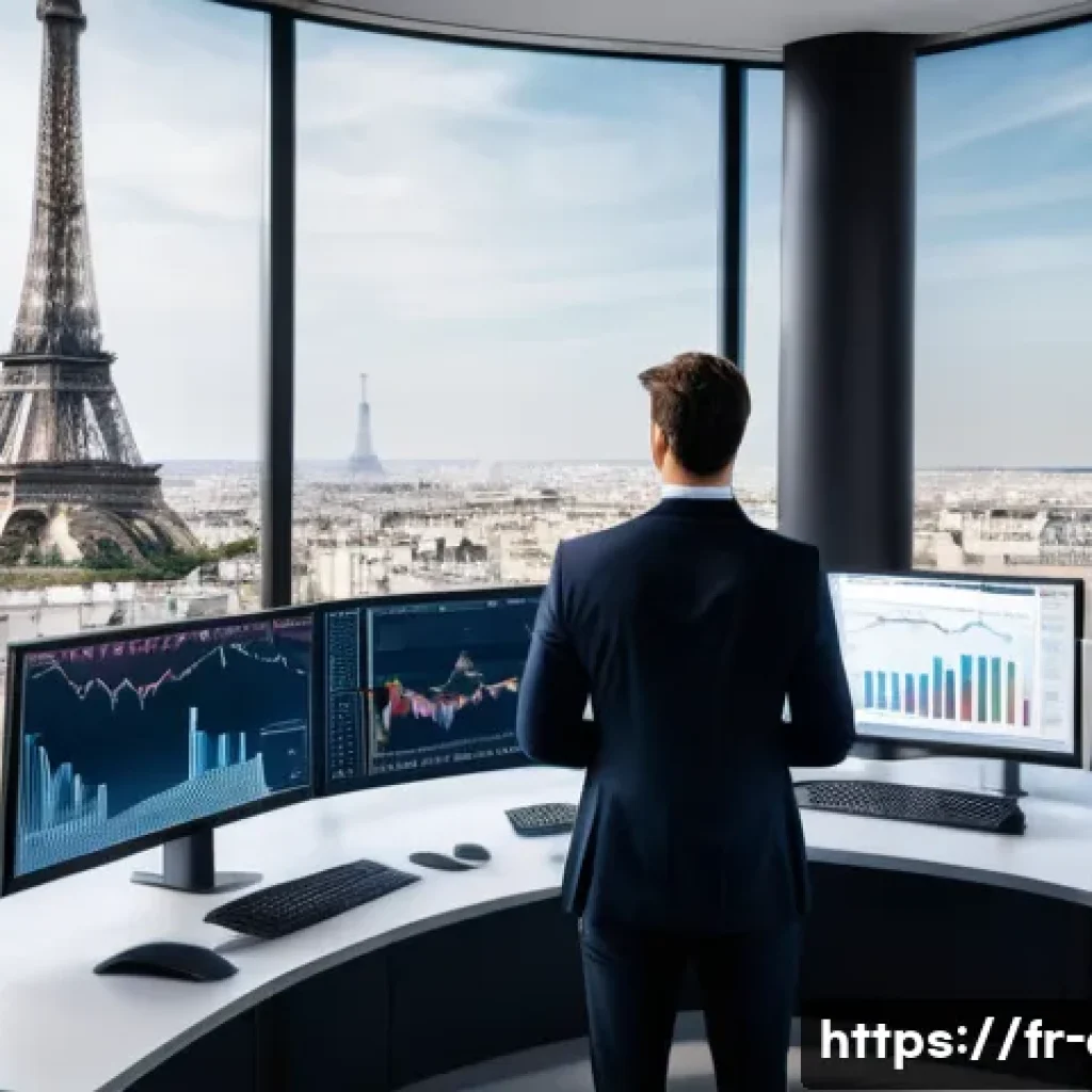 CFA 자격증의 취업 가치 - A professional French financial analyst in a modern Parisian office, dressed in smart business attir...