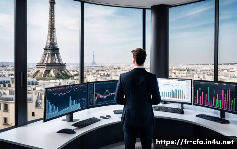 CFA 자격증의 취업 가치 - A professional French financial analyst in a modern Parisian office, dressed in smart business attir...