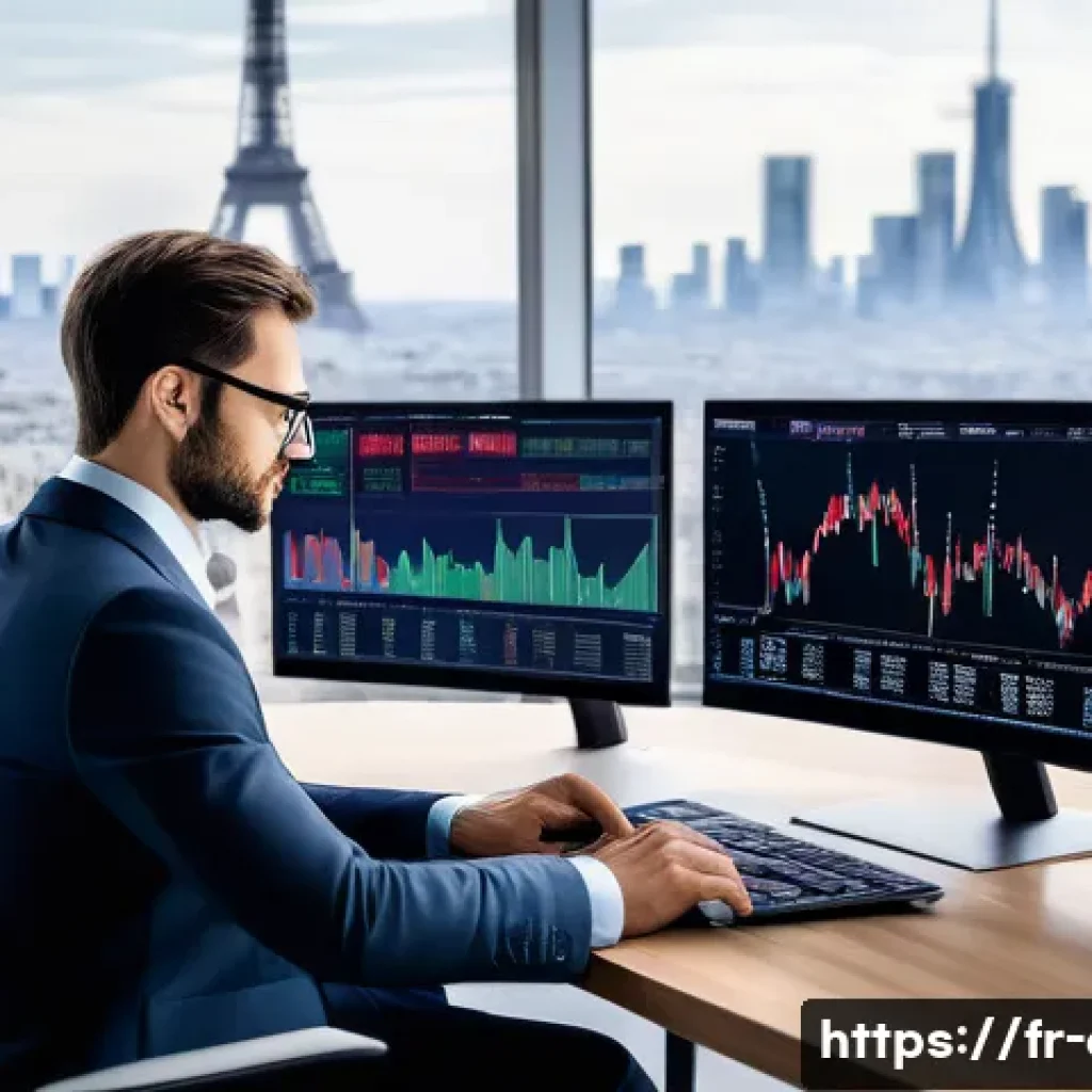 금융투자분석사의 직업적 어려움 - A professional financial analyst in a modern Parisian office, surrounded by multiple large screens d...