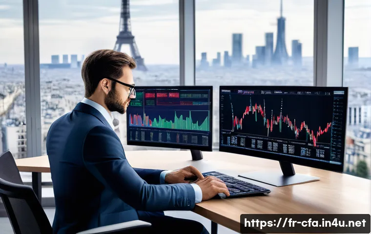 금융투자분석사의 직업적 어려움 - A professional financial analyst in a modern Parisian office, surrounded by multiple large screens d...