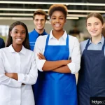 CFA 연봉 데이터 분석 - A diverse group of French apprentices aged 16 to 21+ standing in a modern vocational training center...