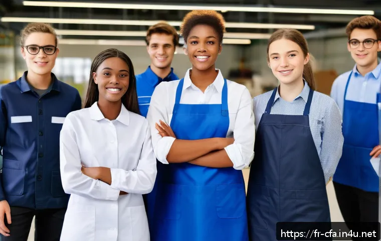 CFA 연봉 데이터 분석 - A diverse group of French apprentices aged 16 to 21+ standing in a modern vocational training center...