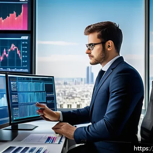 CFA 자격증과 업계 전망 - A modern financial analyst working in a sleek Parisian office, surrounded by multiple high-resolutio...