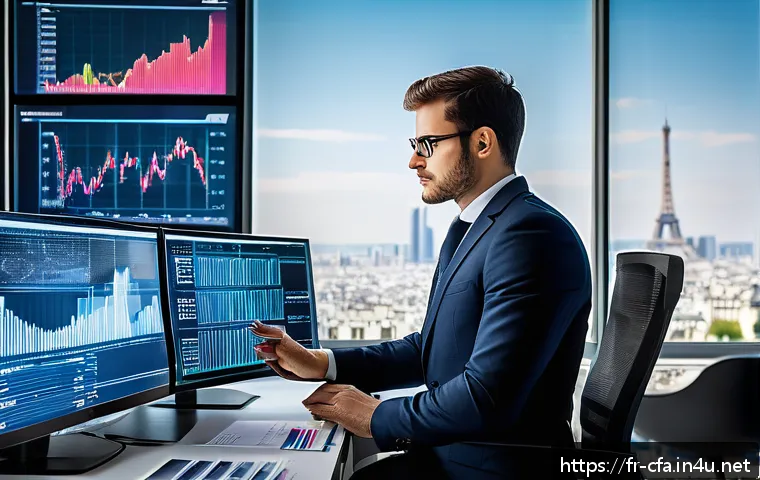 CFA 자격증과 업계 전망 - A modern financial analyst working in a sleek Parisian office, surrounded by multiple high-resolutio...