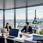 금융투자분석사의 연간 업무 목표 - A modern office scene showing a diverse group of French financial analysts in business attire, study...