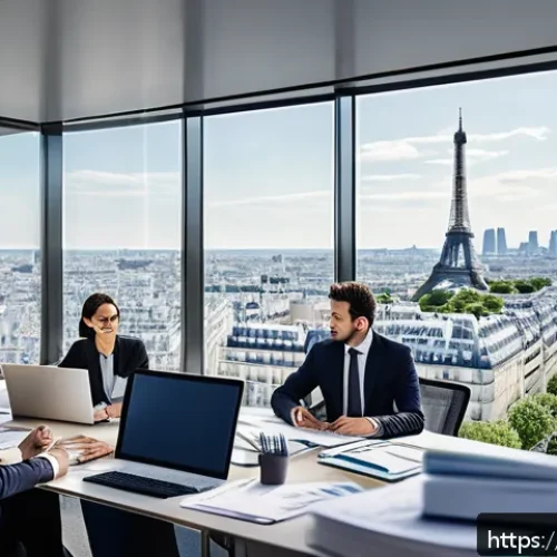 금융투자분석사의 연간 업무 목표 - A modern office scene showing a diverse group of French financial analysts in business attire, study...