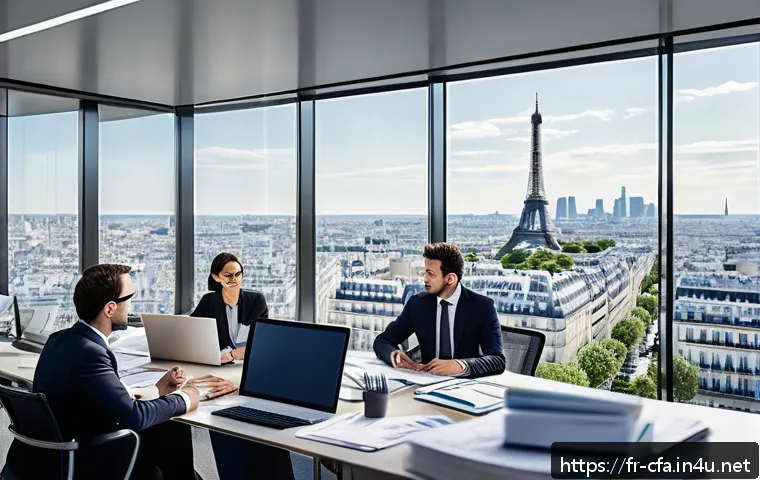 금융투자분석사의 연간 업무 목표 - A modern office scene showing a diverse group of French financial analysts in business attire, study...