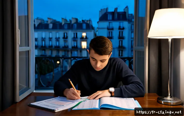 Home 17 CFA 시험 전날 해야 할 일 - Photorealistic evening study scene in a tidy Paris apartment, focused adult finance student calmly r...