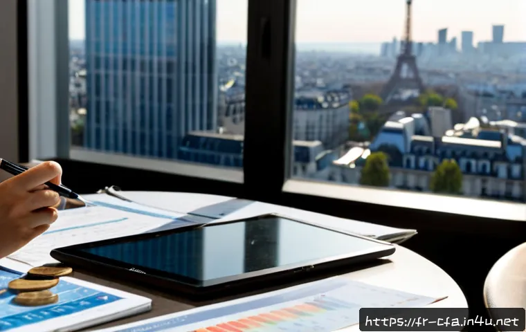 Home 30 금융투자분석사와 ETF 전략 - Photorealistic French financial investment analyst in a modern Paris office, studying a clean tablet...