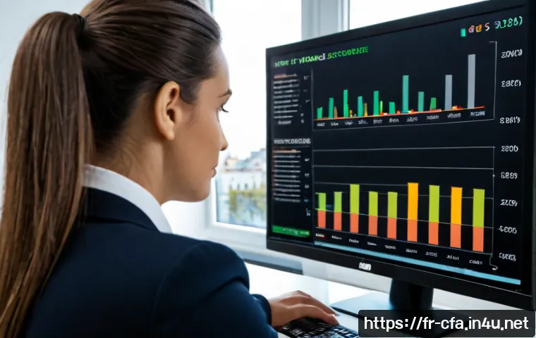 Home 17 CFA와 데이터 시각화 - Photorealistic financial analyst in a modern Paris office, reviewing elegant data visualizations on ...